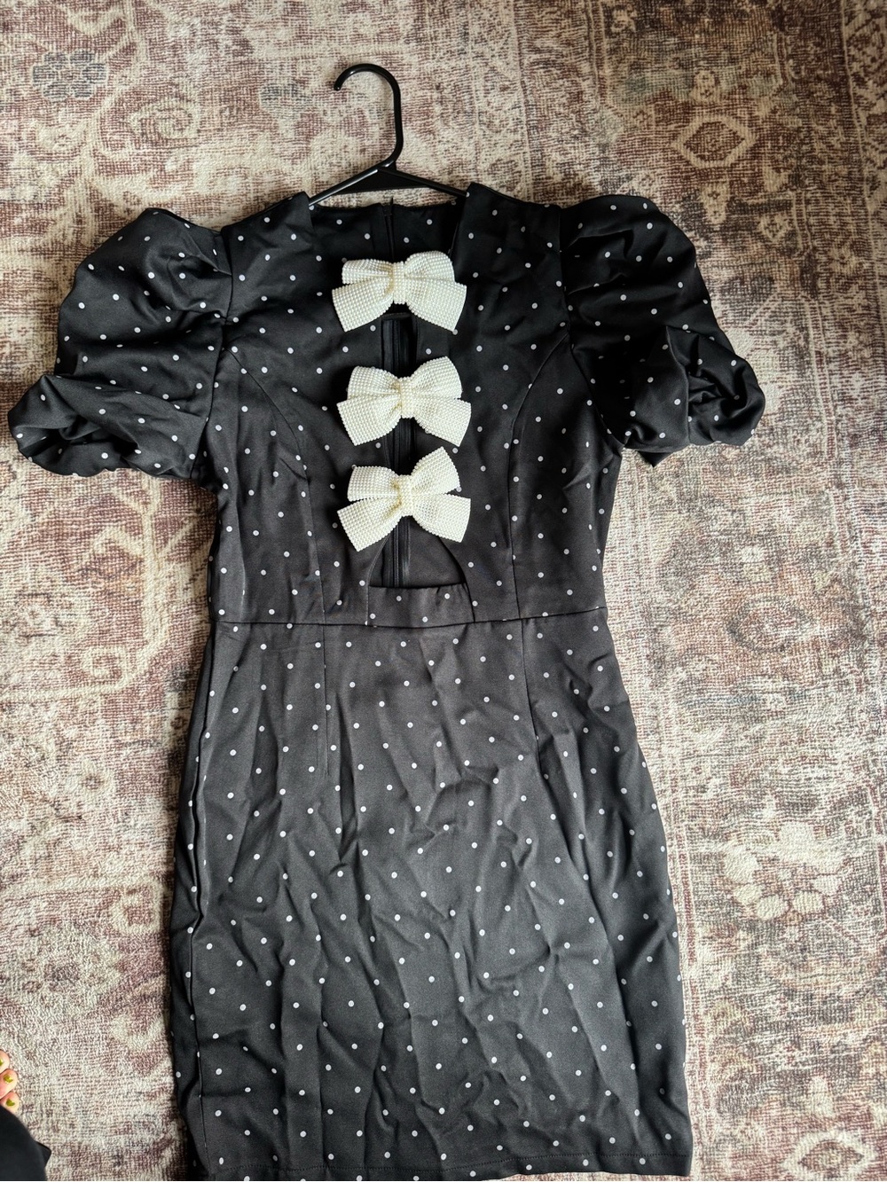 Black Polka Dot Puff Sleeve Dress with Ivory Bows